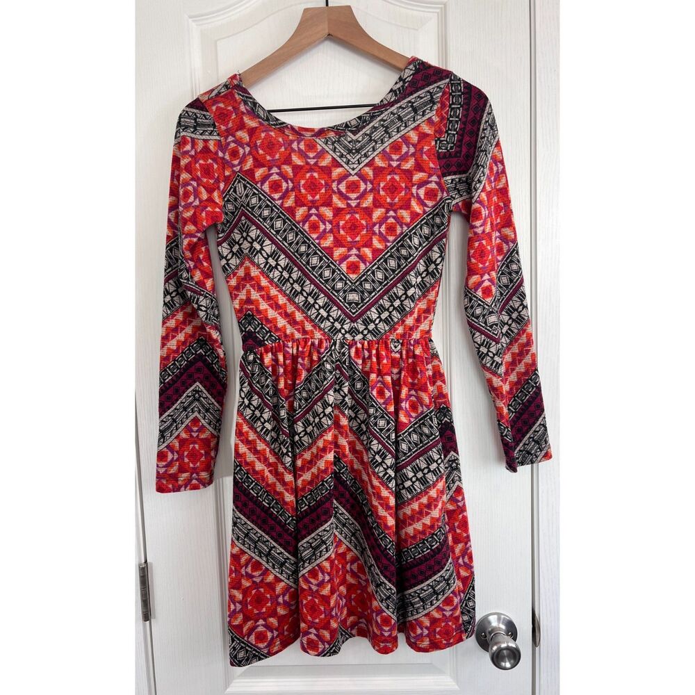Everly Women's Long Sleeve Dress Orange Purple Black Geometric Print Size S